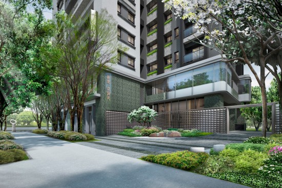 『新業(yè)京御苑』26層昂峰地標(biāo)，放眼能遠眺山形，低迴可近收闊綠，桃源覓靜的入口，片片金屬瓦形景牆，彷彿風(fēng)吹水波粼粼，簡約意象鳥居，表現(xiàn)日式清逸的入口。