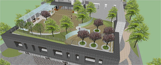 2F露臺(tái)3D圖，地坪採(cǎi)用自然陶磚，珍貴婆羅洲鐵木感受臺(tái)中地貌微型縮影的公園設(shè)計(jì)紋理。