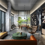 原木溫潤的香氣、溫暖的質(zhì)地與色調(diào)，為空間增添另一份溫度，串聯(lián)生活與自然相遇。(圖為大塊森濤–圖書閱覽室3D圖)