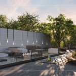 保留5F高的老樟樹、增植樹木，搭配曲線造型的街道家具，清水模牆面與錯落石景，呼應(yīng)著苗栗的山水景觀。(圖為 新業(yè)恆一 水瀑廣場3D示意圖)