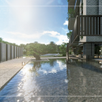 一池清淺水面曲橋，白日映雲(yún)、夜晚映月，循著曲橋向前，猶如走入畫中，一隅硯臺地景，一隅松姿倒影，無處不風(fēng)景。